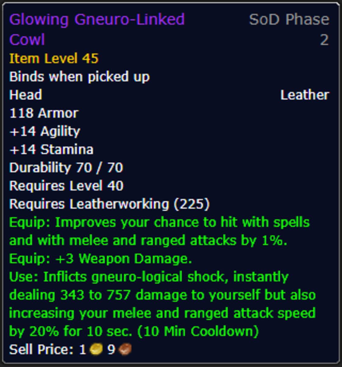 The Glowing Gneuro-Linked Cowl is a powerful leather helm in World of Warcraft's second Season of Discovery.
